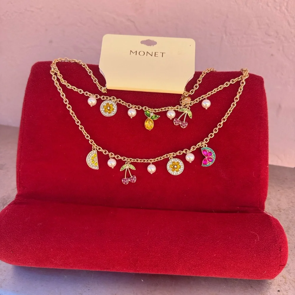 NEW Monet Gold Necklace with Colorful Charms and Pearls